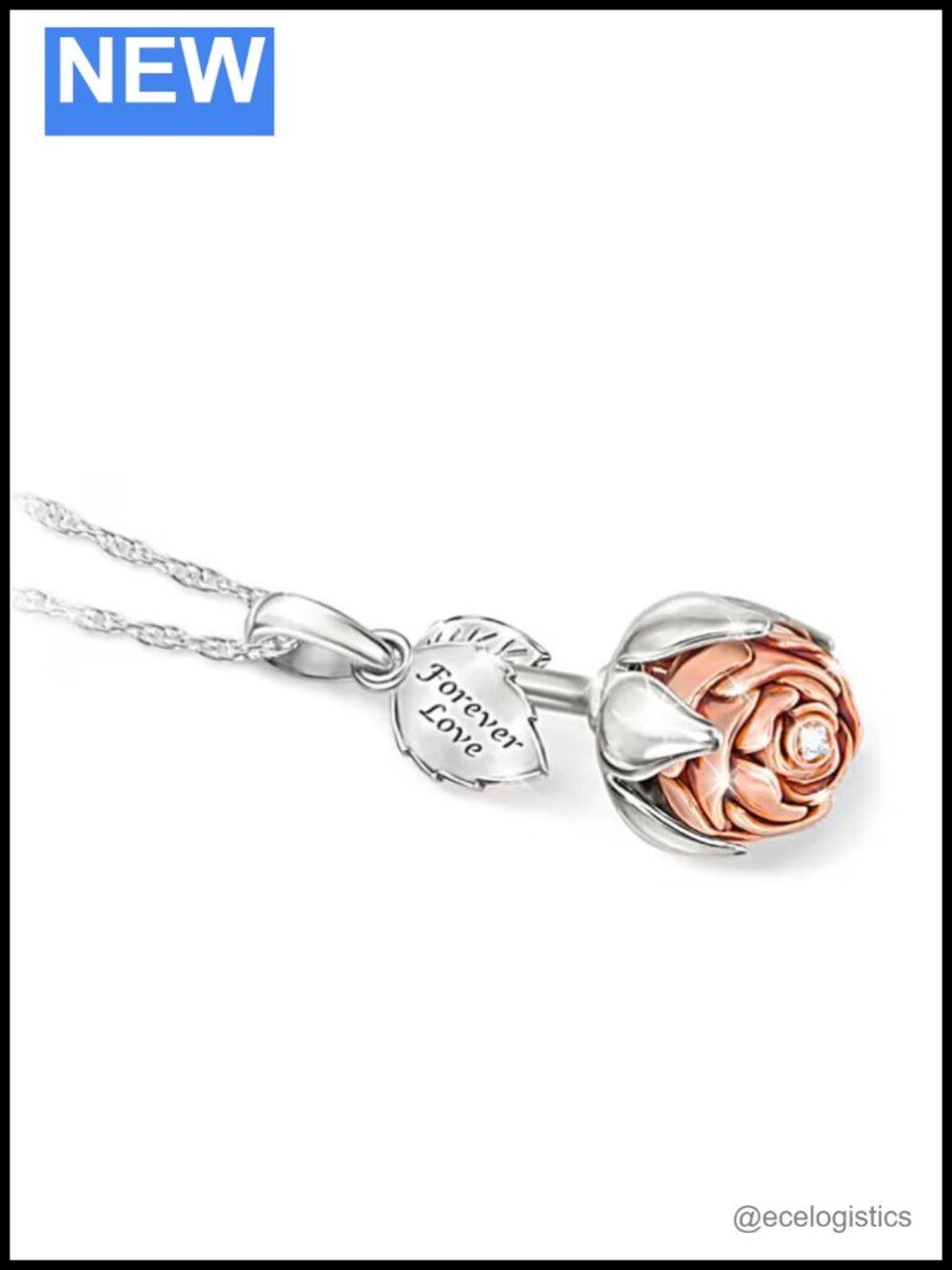 18K Rose Gold Plated Platinum Rose Pendant Necklace 18" Chain
